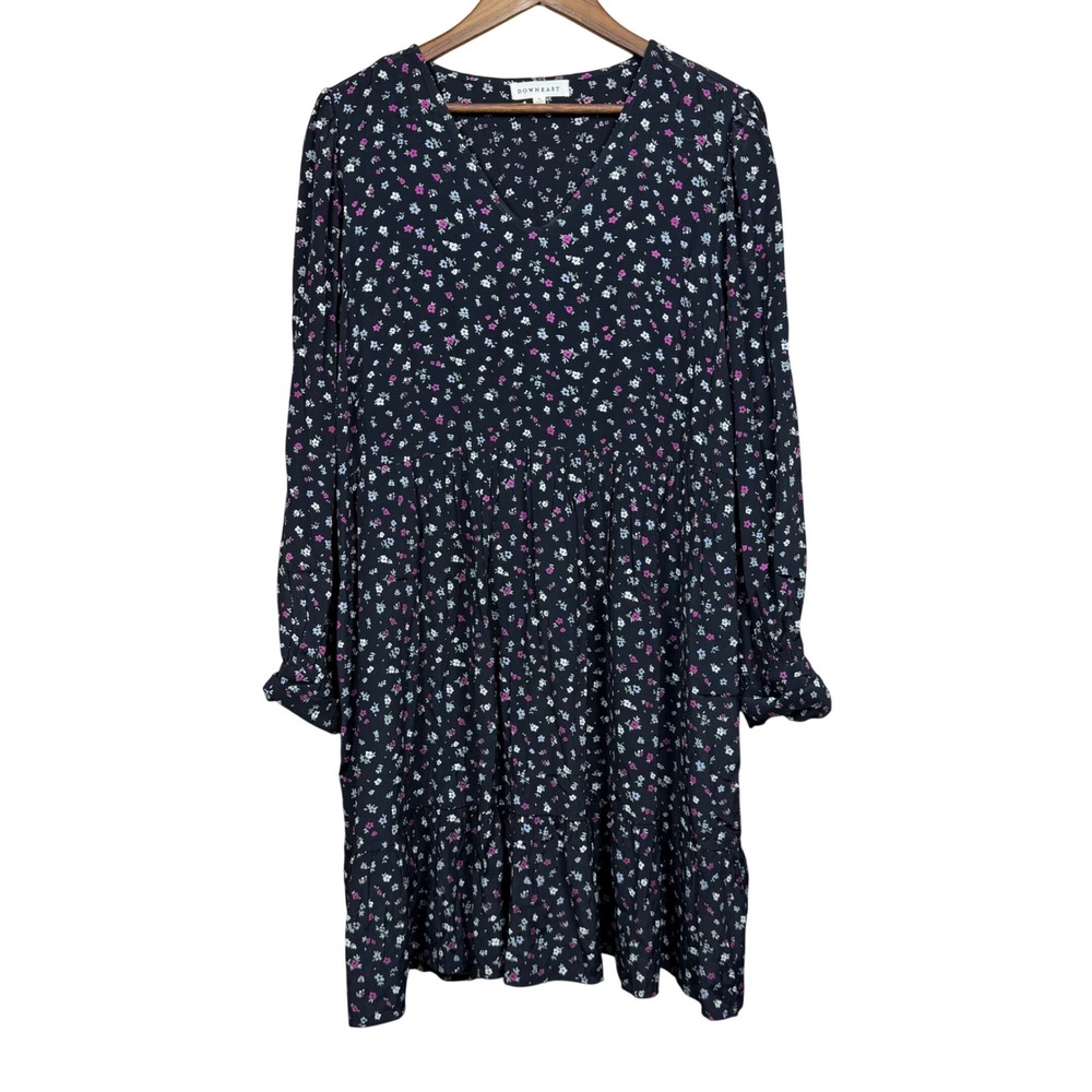 DownEast Women Black Ditsy Floral V-Neck Long Sleeve Tiered Babydoll Mini Dress